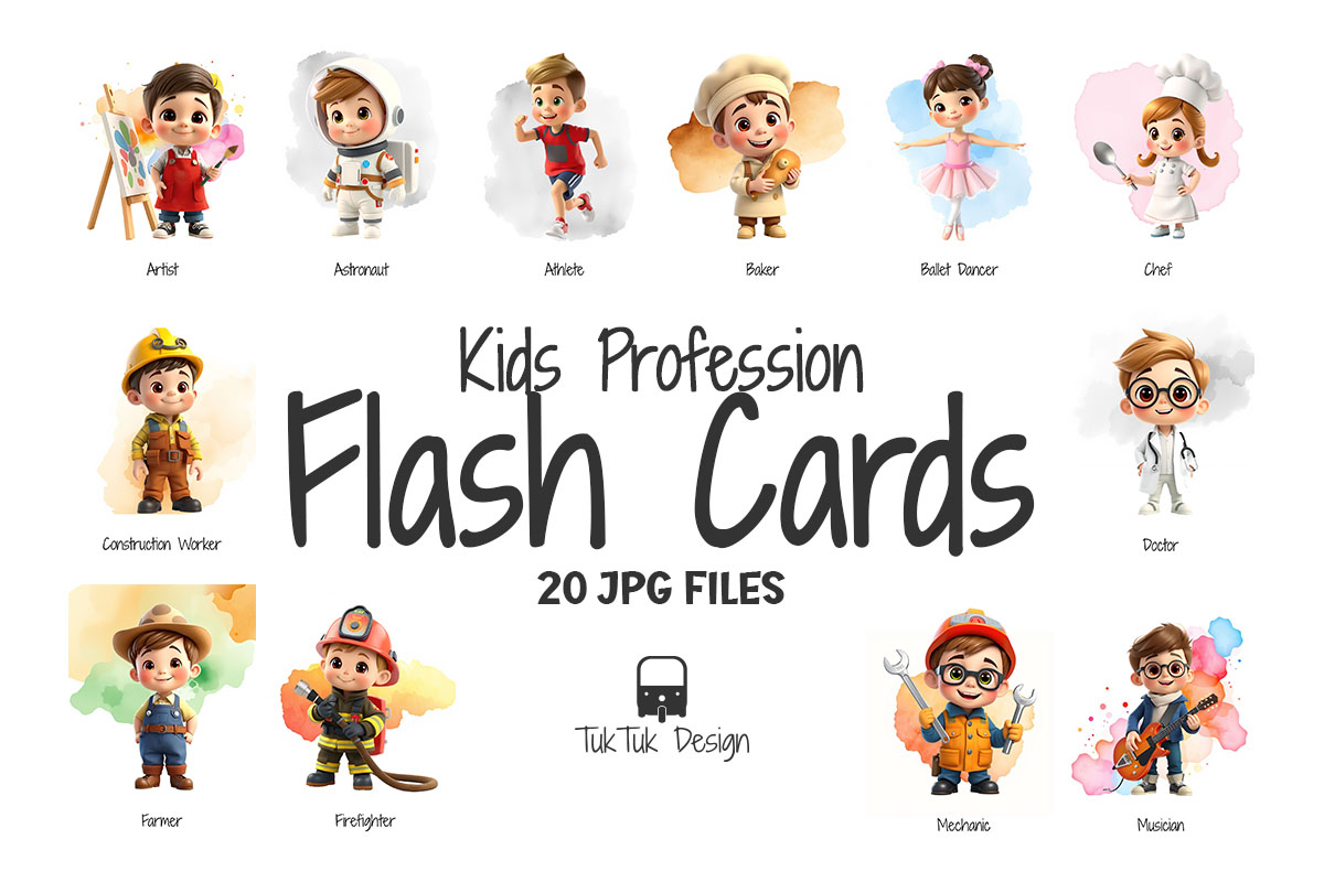 Colorful set of kids profession flash cards featuring doctor, firefighter, astronaut, and teacher