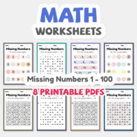 Math worksheets, missing numbers 1 to 100
