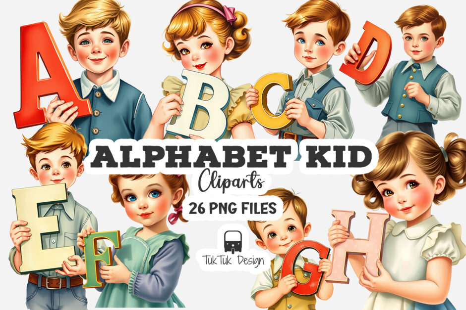 Vintage Alphabet kid illustration cliparts