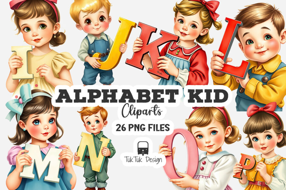 Vintage Alphabet kid illustration cliparts