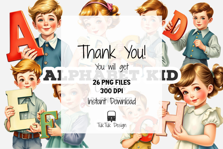 Vintage Alphabet kid illustration cliparts