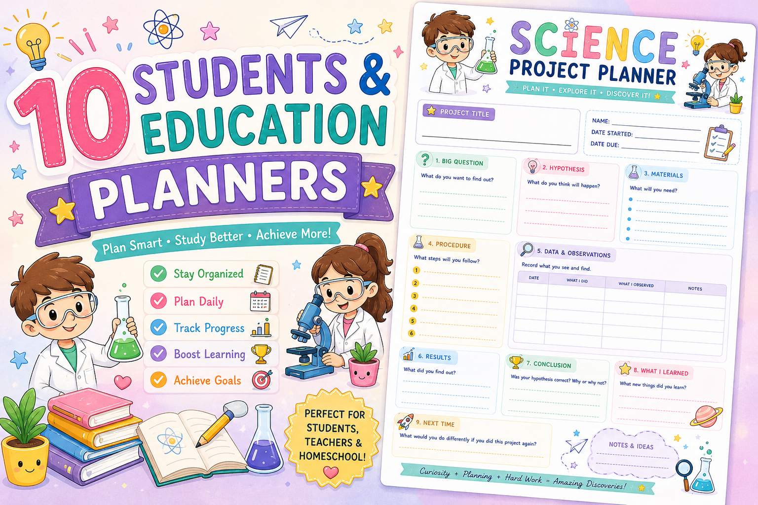 Students Education Planner Bundle with study planner, exam planner, research planner, and academic success worksheets.