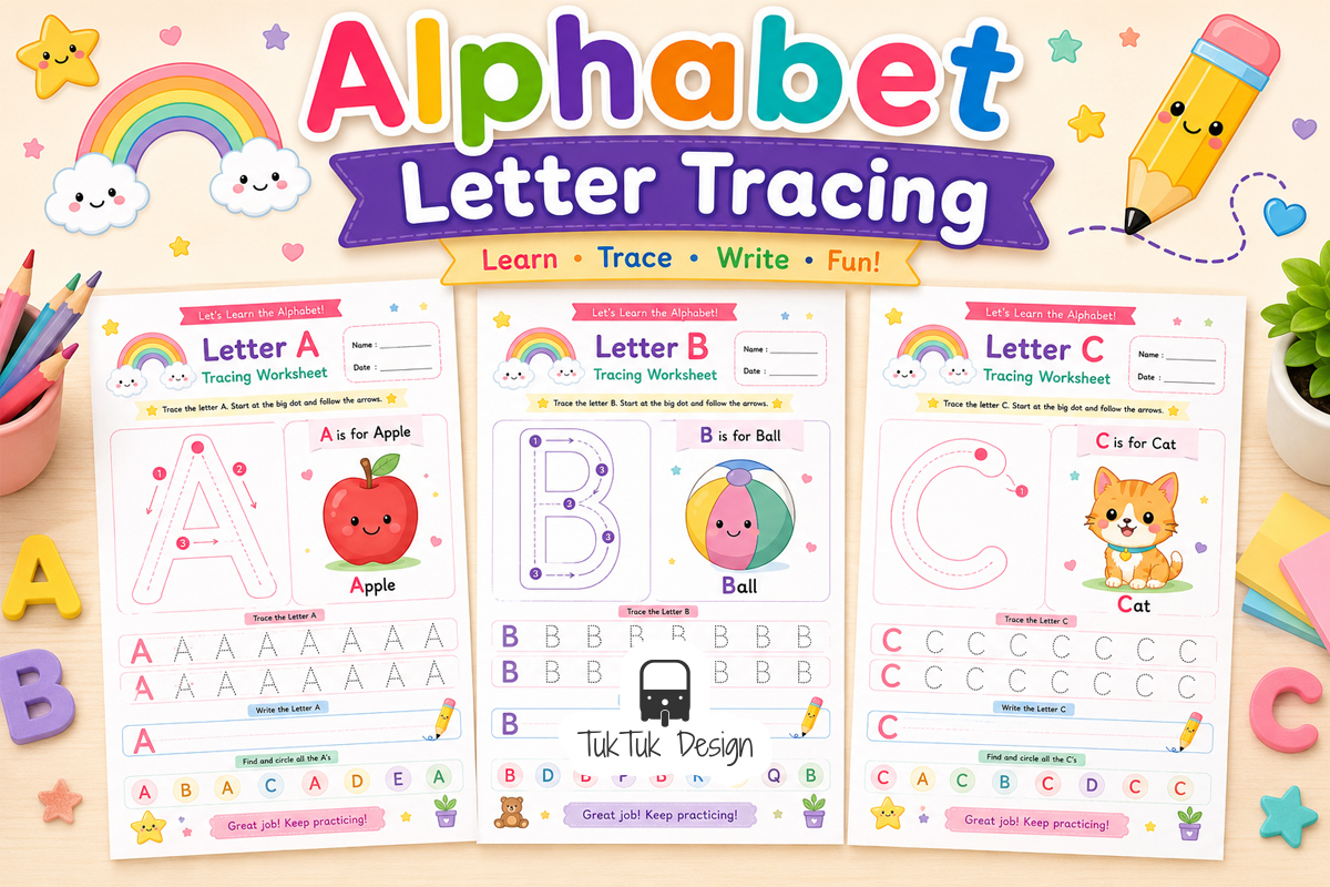 Alphabet Letter Tracing Worksheets A–Z printable bundle for preschool handwriting practice