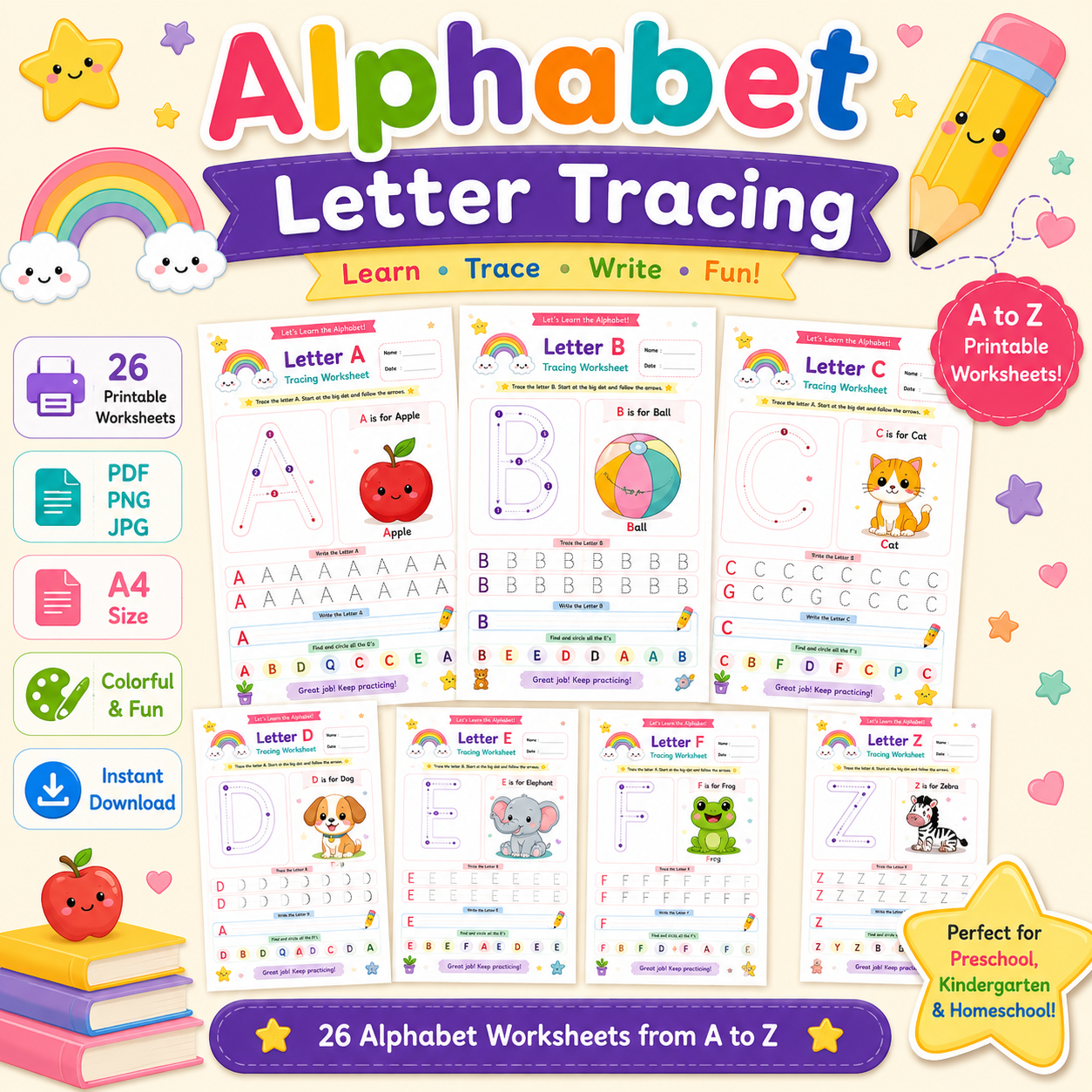 Alphabet tracing activity pages with letter recognition and writing practice